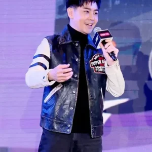 2025 GT Show Jimmy Lin Chih-ying Leather Jacket in sleek black leather, featuring a modern racer-style silhouette with zip-up front, stand collar, and detailed stitching for a bold, stylish look.