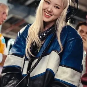 2025 Miami GP ROSÉ Leather Racer Jacket in bold black and pink color block design, featuring sponsor logos, zip-up front, snap-tab collar, and a fitted silhouette inspired by motorsport style.