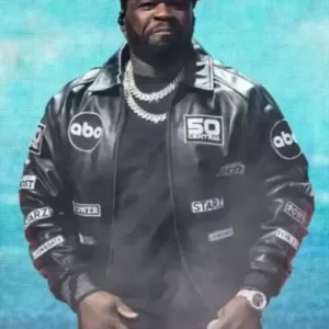 50 Cent Tottenham Hotspur Stadium Leather Jacket in classic black leather, featuring a sleek bomber fit, zip-up front, ribbed cuffs and hem, and bold Tottenham Hotspur logo detailing for a sporty, streetwear-inspired look.