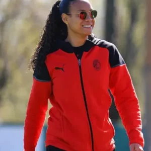 AC Milan Football Casuals Hooded Jacket featuring a lightweight athletic design, full-zip front, adjustable hood, ribbed cuffs, and official AC Milan crest on the chest for a sporty, fan-ready look.