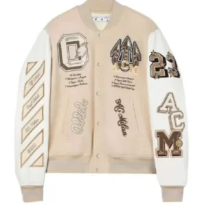 AC Milan Off-White Varsity Jacket featuring a premium wool-blend body with contrast faux leather sleeves, snap-button front, ribbed knit trim, and bold AC Milan and Off-White branding for a high-fashion sportswear aesthetic.