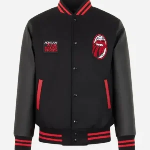 AC Milan x Rolling Stones Varsity Jacket combining sports and rock culture, featuring a wool-blend body with faux leather sleeves, snap-button closure, ribbed trim, AC Milan crest, and the iconic Rolling Stones tongue logo for a bold, limited-edition statement piece.