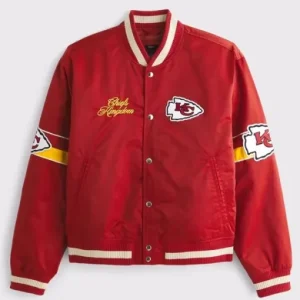 Abercrombie Chiefs Varsity Bomber Jacket featuring a wool-blend body with contrasting leather sleeves, ribbed knit cuffs and hem, snap-button front, and bold “Chiefs” lettering across the chest for a classic collegiate look.