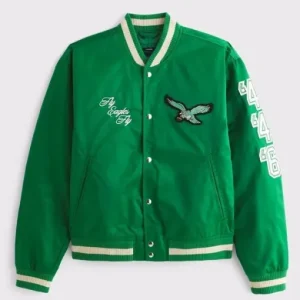 Abercrombie Eagles Varsity Bomber Jacket with a classic varsity silhouette, wool-blend body, faux leather sleeves, ribbed trim, snap-button front, and bold “Eagles” lettering across the chest for a retro athletic vibe.