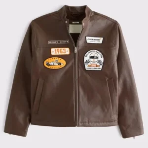 Abercrombie McLaren Leather Racer Jacket crafted in premium black leather, featuring a streamlined moto silhouette, front zip closure, stand-up collar, and subtle McLaren branding for a sleek, motorsport-inspired edge.