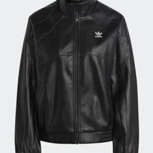 Adicolor Trefoil Black Faux Leather Jacket with a sleek, minimalist design, front zip closure, ribbed cuffs and hem, and a bold white Trefoil logo on the back for a classic adidas streetwear look.