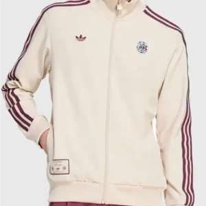 Adidas AFC Ajax 25/26 Track Jacket featuring a sleek athletic fit, full-zip front, stand-up collar, signature 3-Stripes on the sleeves, and official AFC Ajax crest on the chest, designed for the 2025–2026 season.