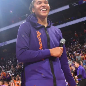 Alyssa Thomas Phoenix Mercury 2025 Purple Hoodie featuring a relaxed fit, adjustable drawstring hood, front kangaroo pocket, bold Phoenix Mercury logo on the chest, and player name and number details for a stylish WNBA fan look.