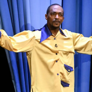 Anthony Mackie Bold Yellow Satin Gordon Gartrell Shirt with Royal Blue Wide Collar, Puffy Sleeves, Contrasting Cuffs