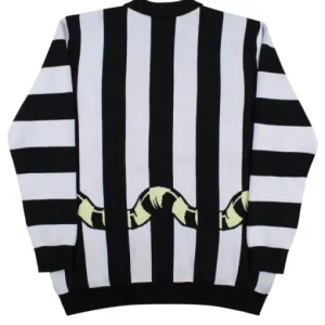 Beetlejuice Cardigan crafted from cozy material, inspired by iconic gothic style.