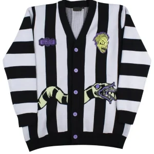 Beetlejuice Cardigan featuring bold black and white stripes and soft knit fabric.