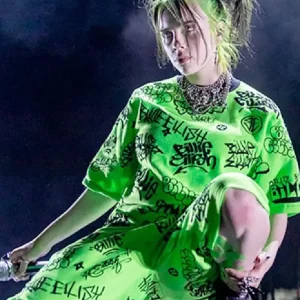 Billie Eilish green Halloween costume featuring oversized fit and signature streetwear-inspired design.
