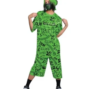 Vibrant green Halloween costume styled after Billie Eilish with bold, relaxed silhouette and standout details.