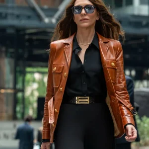 Black Bag 2025 Cate Blanchett Leather Jacket featuring a military-inspired black cropped design, structured fit, stand-up collar, dual rows of shiny silver buttons, front zipper closure, and zippered waist pockets for a bold and elegant statement look.