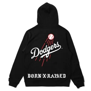 Dodgers Trademark Hoodie by Born x Raised with adjustable hood, kangaroo pocket, and bold graphics