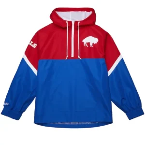 Buffalo Bills Red/Royal Lightweight Windbreaker Jacket featuring a color-blocked design in vibrant red and royal blue, full-zip front, adjustable hood, elastic cuffs, and the official team logo on the chest for a sporty, weather-ready fan look.
