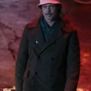 Bullet Train Brad Pitt Pea Coat featuring a classic double-breasted design in deep navy, wide lapels, button-front closure, and a structured fit inspired by Brad Pitt’s stylish look in the action-packed film.