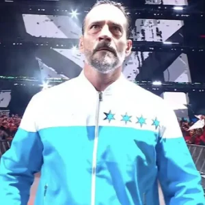CM Punk Fantastic Four Jacket featuring a bold blue and black color scheme, zip-up front, stand collar, and the iconic “4” emblem on the chest, blending superhero flair with CM Punk’s edgy style.