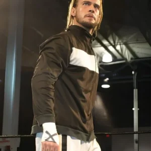 CM Punk wearing a Ring of Honor jacket; features black leather panels with silver ROH embroidery on the back and chest, a fitted biker-style cut with zippered sleeves and collar, evoking bold wrestling heritage and iconic promo presence.