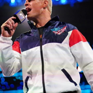 Cody Rhodes Entrance SmackDown Olimpic Arena March 14, 2025 White Royal Blue & Orange Color-Block Track Jacket with Zip-Up Front and Left Chest Emblem