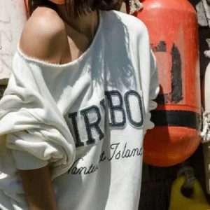 Dairy Boy Cut Off Nantucket Island Crewneck Sweatshirt featuring a relaxed, oversized fit with raw cut-off sleeves, soft fleece interior, bold “Nantucket Island” graphic on the front, and a vintage-inspired look for casual coastal style.