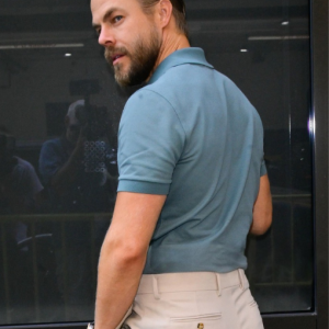 Derek Hough August 11, 2025 ABC Studio New York City Slim-Fit Teal Light Blue Polo Shirt