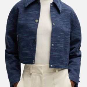 Emily Curl Cropped Jacket with sharp lapels, premium fabric, and fashion-forward media appearance