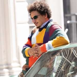 Eric André August 10, 2025 New York City Little Brother Set Multicolor Patchwork Sweater with Bold Graphic Squares