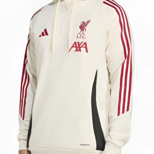 LFC Adidas 25/26 Domestic Training Hoodie featuring Liverpool FC crest and performance fabric