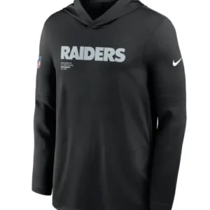 Model wearing the Las Vegas Raiders Nike Sideline Performance long sleeve hoodie; features lightweight moisture-wicking fabric, team logo on the chest, a streamlined athletic fit, and a built-in hood for all-weather comfort.