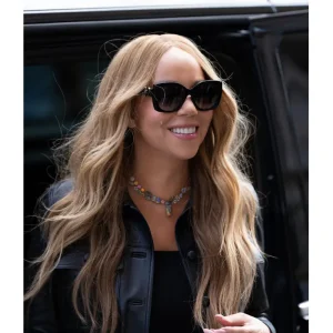 Mariah Carey London 2025 Black Leather Jacket featuring a sleek fitted design, glossy black leather finish, front zip closure, wide lapels, and subtle silver hardware for a glamorous yet edgy concert-ready look.