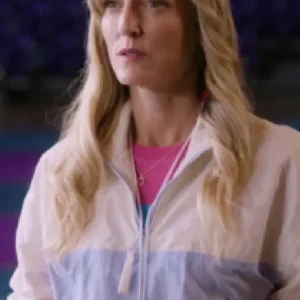 Alexa Crowe wearing a striped anorak jacket in My Life Is Murder Season 5; features a retro pullover style with a short front zipper, high collar, and bold horizontal color blocking in red, white, and blue.