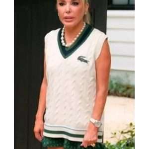 Real Housewives of Miami Marysol Patton Knit Sweater Vest featuring a sleeveless chunky knit design, V-neckline, relaxed fit, and bold patterned detailing for a chic, laid-back statement piece inspired by Marysol’s signature style.