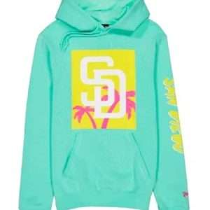 San Diego Padres Green Hoodie featuring a soft fleece interior, adjustable drawstring hood, front kangaroo pocket, ribbed cuffs and hem, and bold Padres logo on the chest for a cozy and sporty fan look.