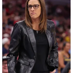 Black leather jacket inspired by Stephanie White’s Indiana Fever style.