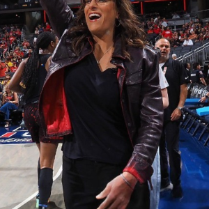 Brown leather jacket inspired by Stephanie White’s Fever courtside look.