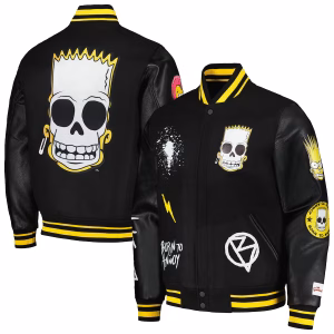 The Simpsons Black Leather Sleeves Varsity Jacket with premium varsity design.