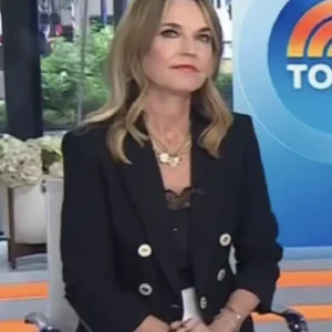The Today Show 2025 Savannah Guthrie Ruched Sleeve Blazer featuring a tailored silhouette, single-button closure, soft ruched detailing on the sleeves, and a polished lapel collar for a sophisticated, on-air professional look.