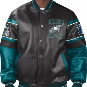 Model wearing a vintage Philadelphia Eagles NFL leather bomber jacket; features team logo detailing, ribbed cuffs and hem, and a classic varsity-inspired silhouette in black and green leather.