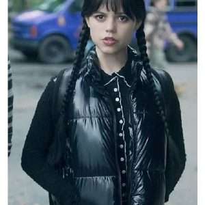 Wednesday Jenna Ortega Black Puffer Vest featuring a quilted design, high collar, front zip closure, and a sleek, cropped fit for a dark, edgy aesthetic inspired by her iconic look in the series.