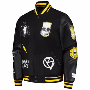 Stylish Simpsons varsity jacket featuring black leather sleeves.