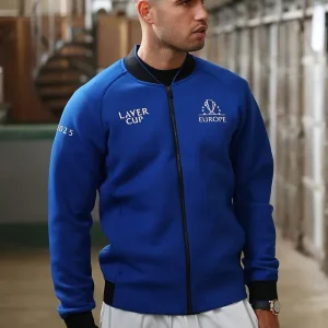 Carlos Alcaraz Laver Cup 2025 Blue Zip-Up Jacket featuring sporty design, premium fabric, and modern fit for athletic-inspired fashion