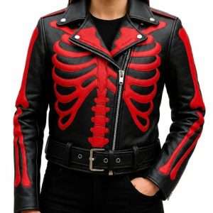 Halloween 2026 Red Skeleton Bones Leather Jacket