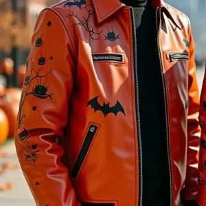 Halloween Haunted Castle Orange Leather Bomber Jacket