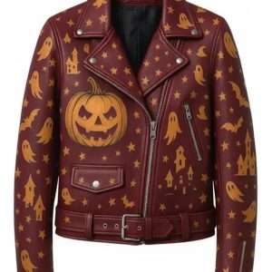 Halloween Pumpkin Print Leather Biker Jacket