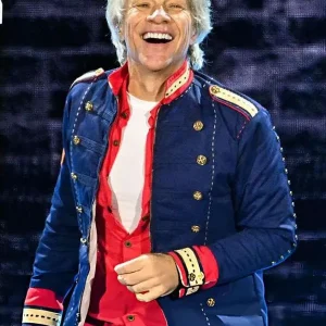 Jon Bon Jovi Blue Military Jacket with a sharp silhouette and classic rock-inspired fashion appeal