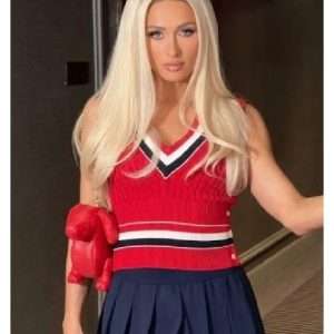 Paris Hilton US Open 2026 Red Sweater Vest trendy red knit sportswear apparel