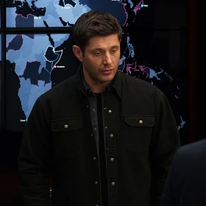 Supernatural S12 Dean Trucker Jacket featuring a rugged design inspired by Dean Winchester’s iconic supernatural hunting style