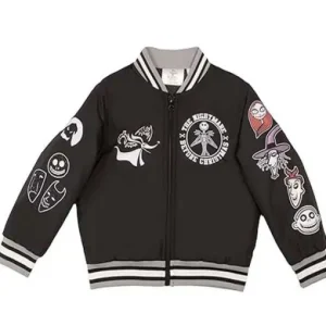 The Nightmare Before Christmas Varsity Jacket front view with detailed graphic design